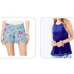 Lilly Pulitzer L Blue Tassel Tank Top and Floral Shorts 2 Piece Set Neon Vacay